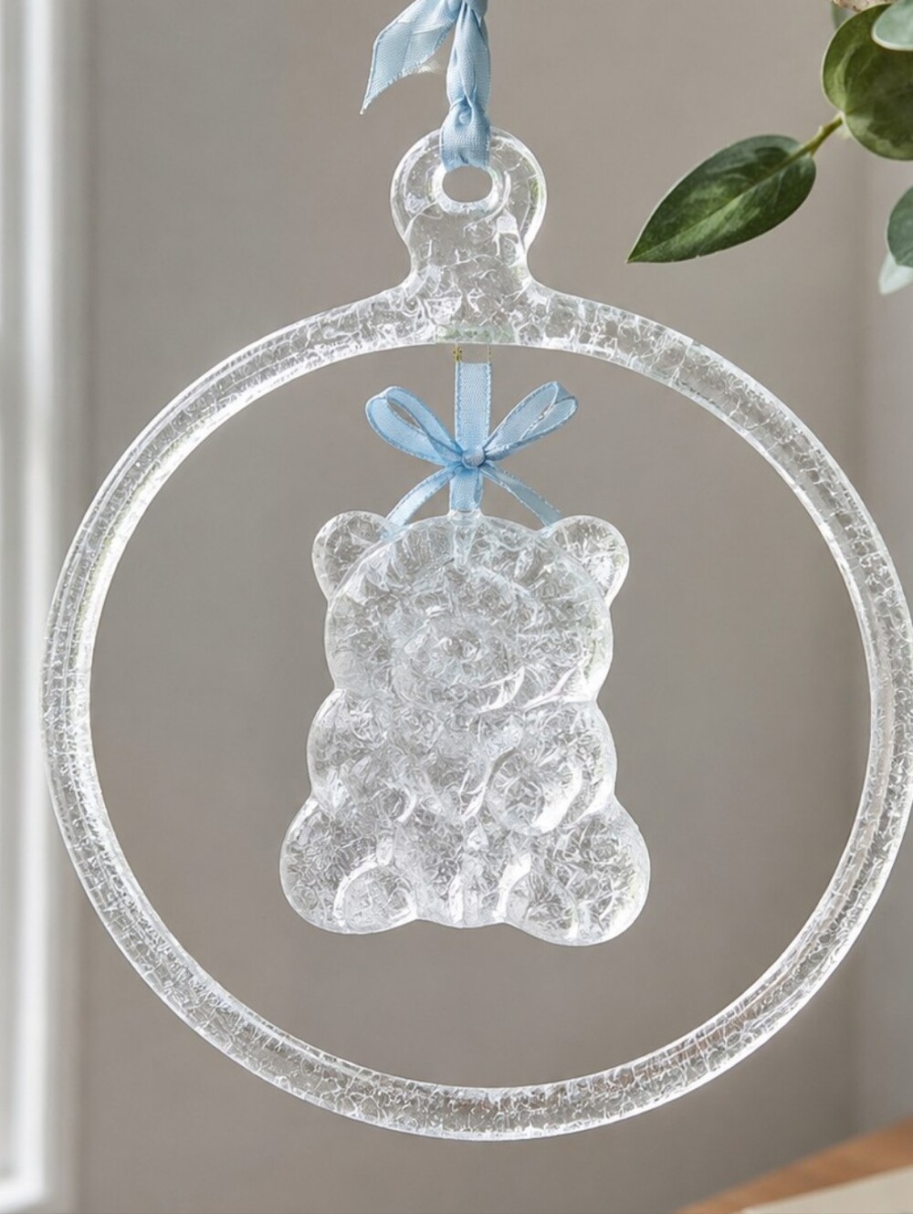 Vintage MJ Designs Glass Teddy Bear Ornament Suncatcher Blue Ribbon